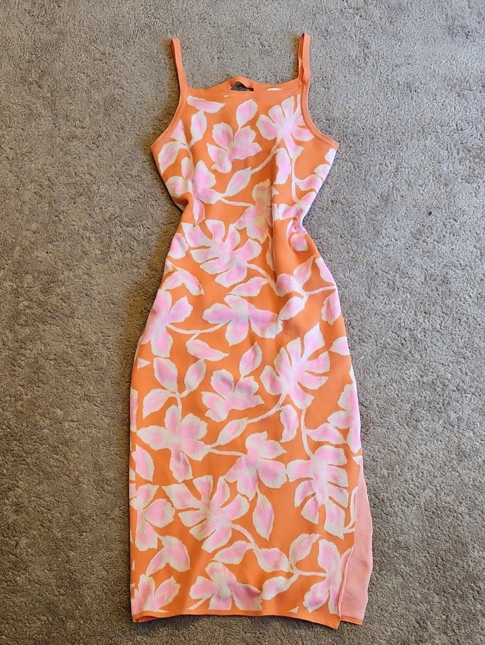 Floral Knit Tie Back Tank Midi Dress in Orange and Pink
